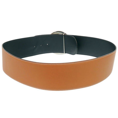 Hermes Round Buckle Leather Brown Silver Belt
